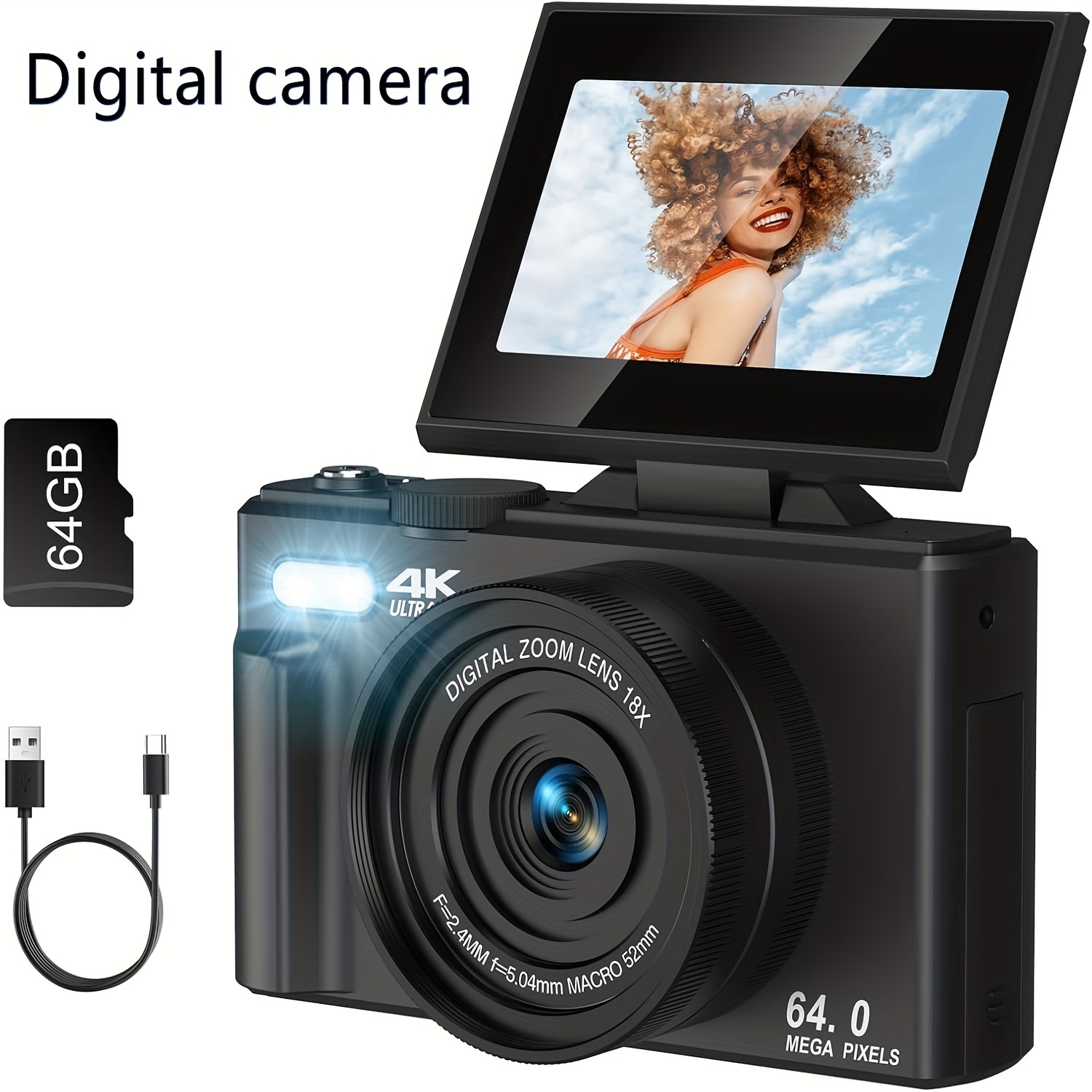64メガピクセル デジタルカメラ、コンパクト18倍ズーム搭載、64gb