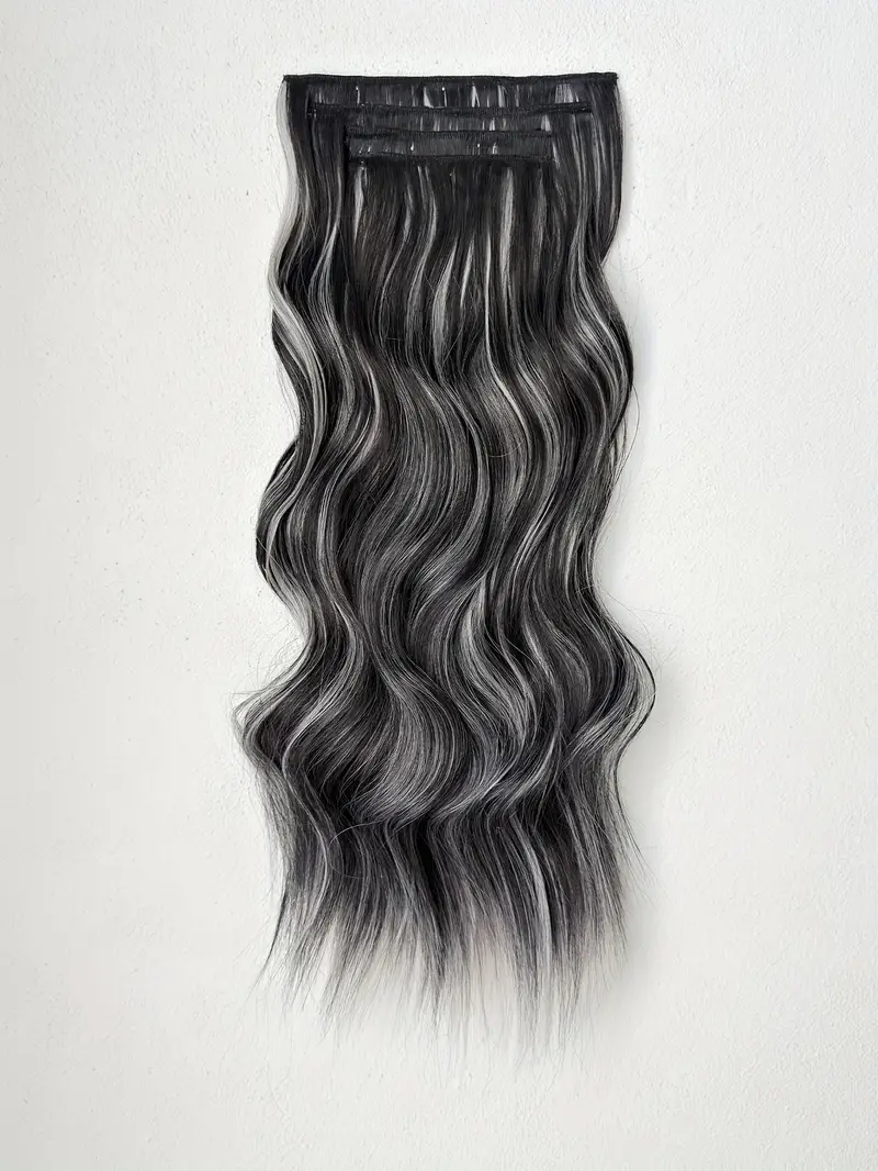 22 inch long wavy heat resistant fiber synthetic hair patch in black and white suitable for womens daily use details 1