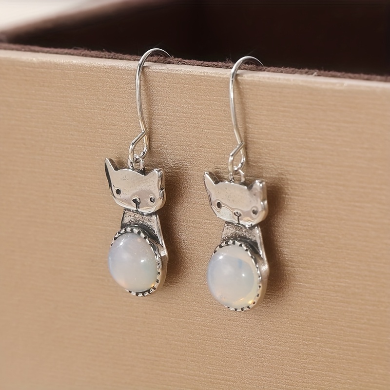 Cat on the Moon Dangle Earrings with Rainbow Moonstone
