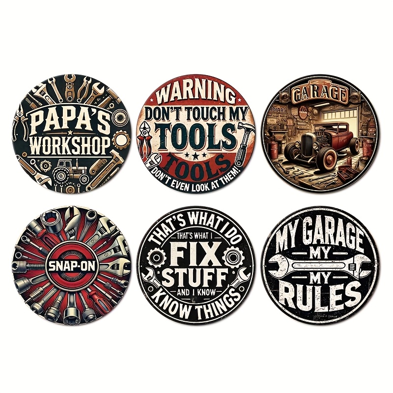 

6pcs Metal Tin Signs Set, 8x8 Inch - Retro Gas Station & Decor With Classic Car Illustrations, Waterproof & Dustproof, Ideal For Man Cave, Workshop, And Motorcycle Enthusiasts, Garage Decor