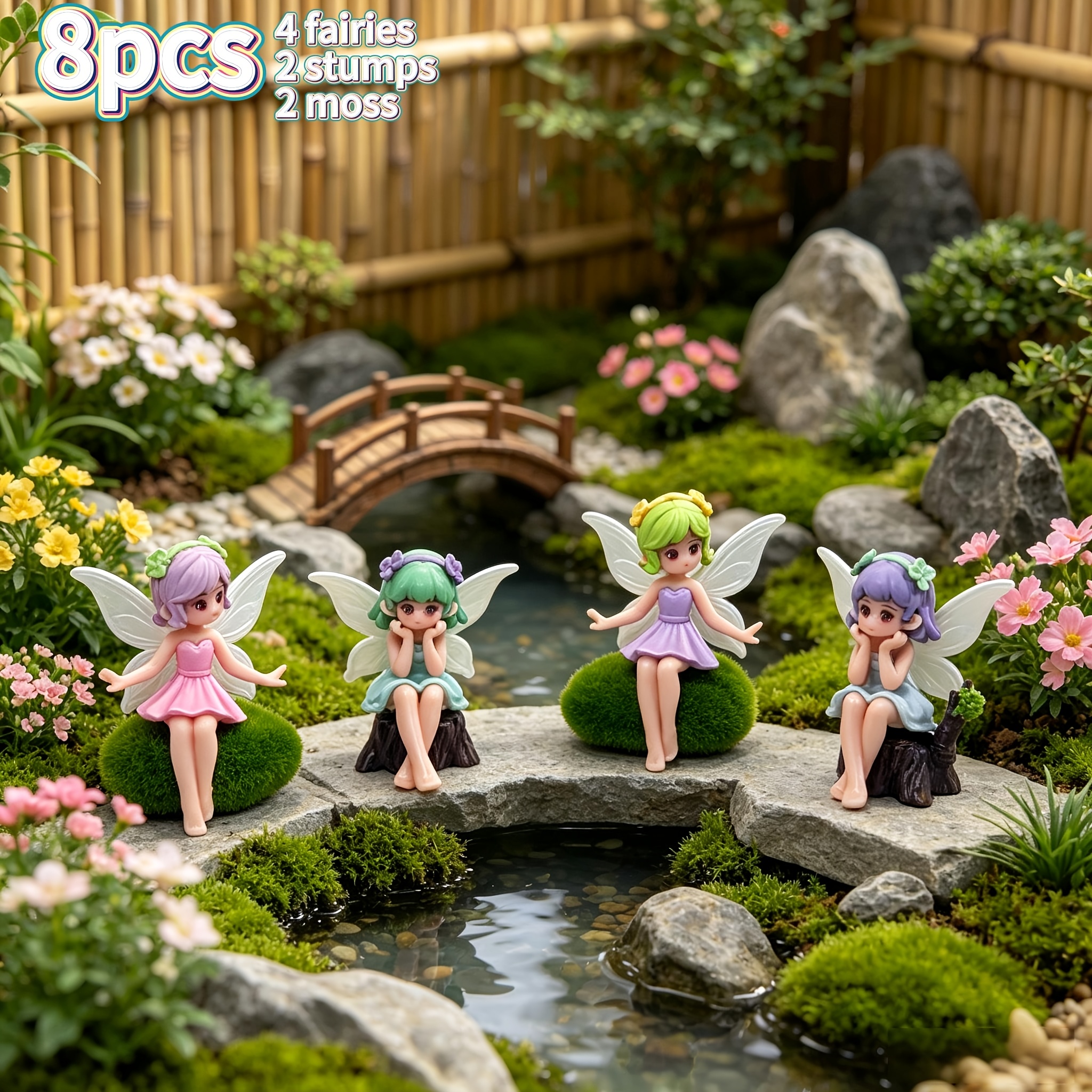 TEMU 8pcs Miniature Elfes de Jardin Fée Fleur Sculpture en Résine Ornements, Succulentes Plante Miniature Décorations de Paysage, Ajouts de Jardin