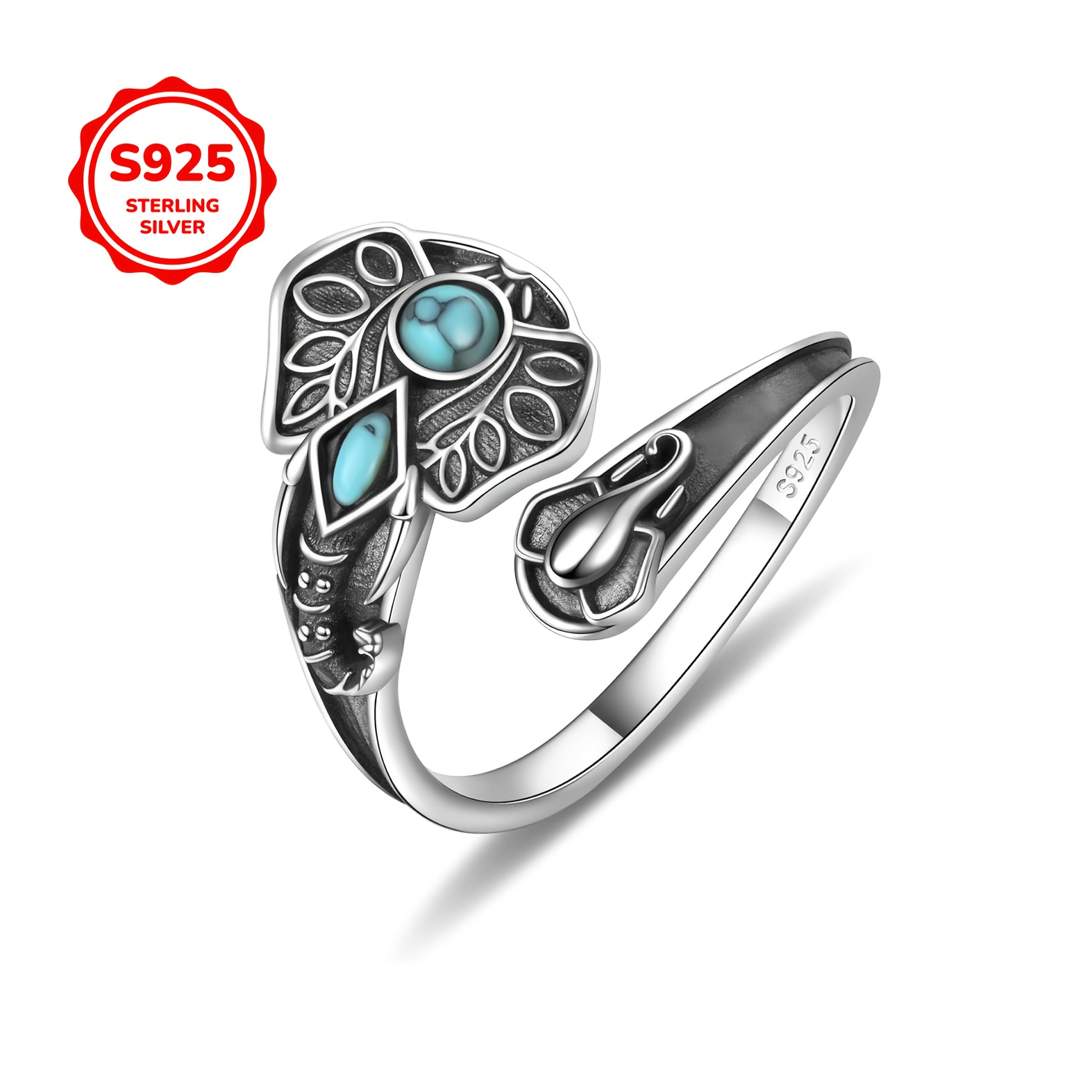 Adjustable Elephant Shape S925 Silver Ring with Turquoise