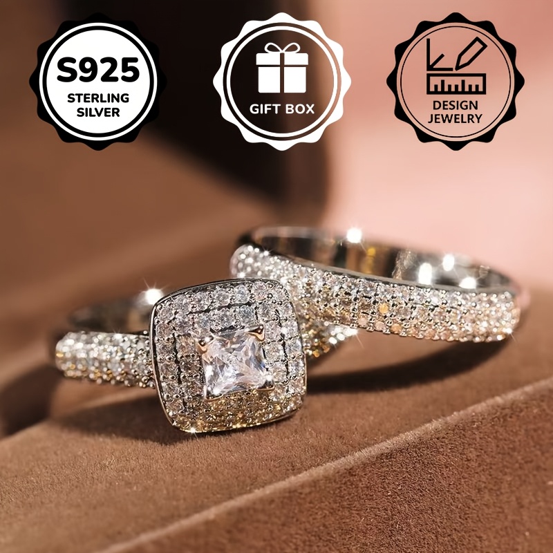 Image of 2pcs S925 925 Silvery Plated Fashionable And Luxurious Ring, Set With Synthetic Synthetic Cubic Zirconiaia. Suitable For Men And Women. High-quality Jewelry For Formal Events And Parties.
