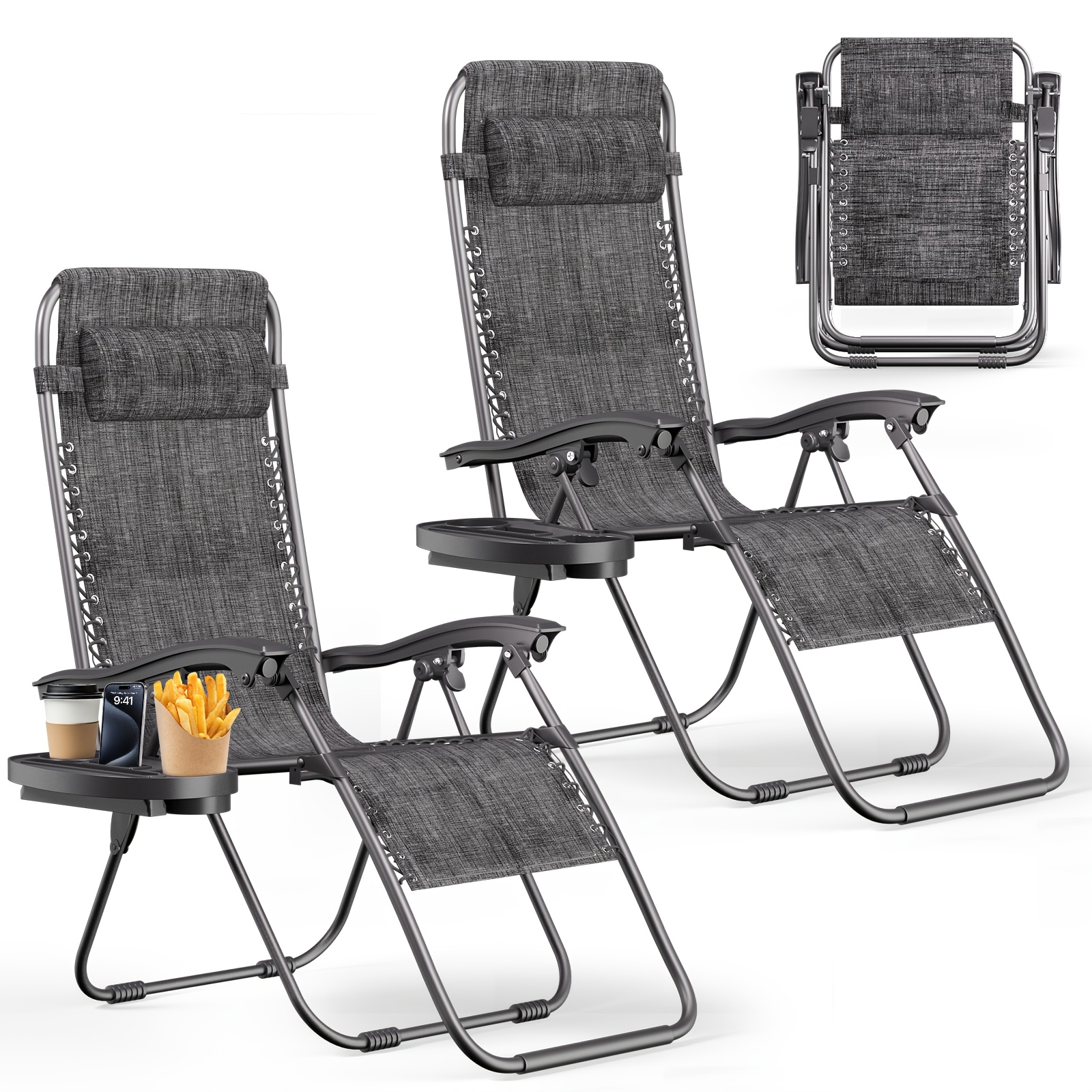 Image of Folding Outdoor Recliner, 5-position Adjustable Backrest With Cup And Phone Holders, 120kg Load Capacity, Stable And Quiet, 64×90×112cm, For Patio, Garden, Balcony, Beach & Camping