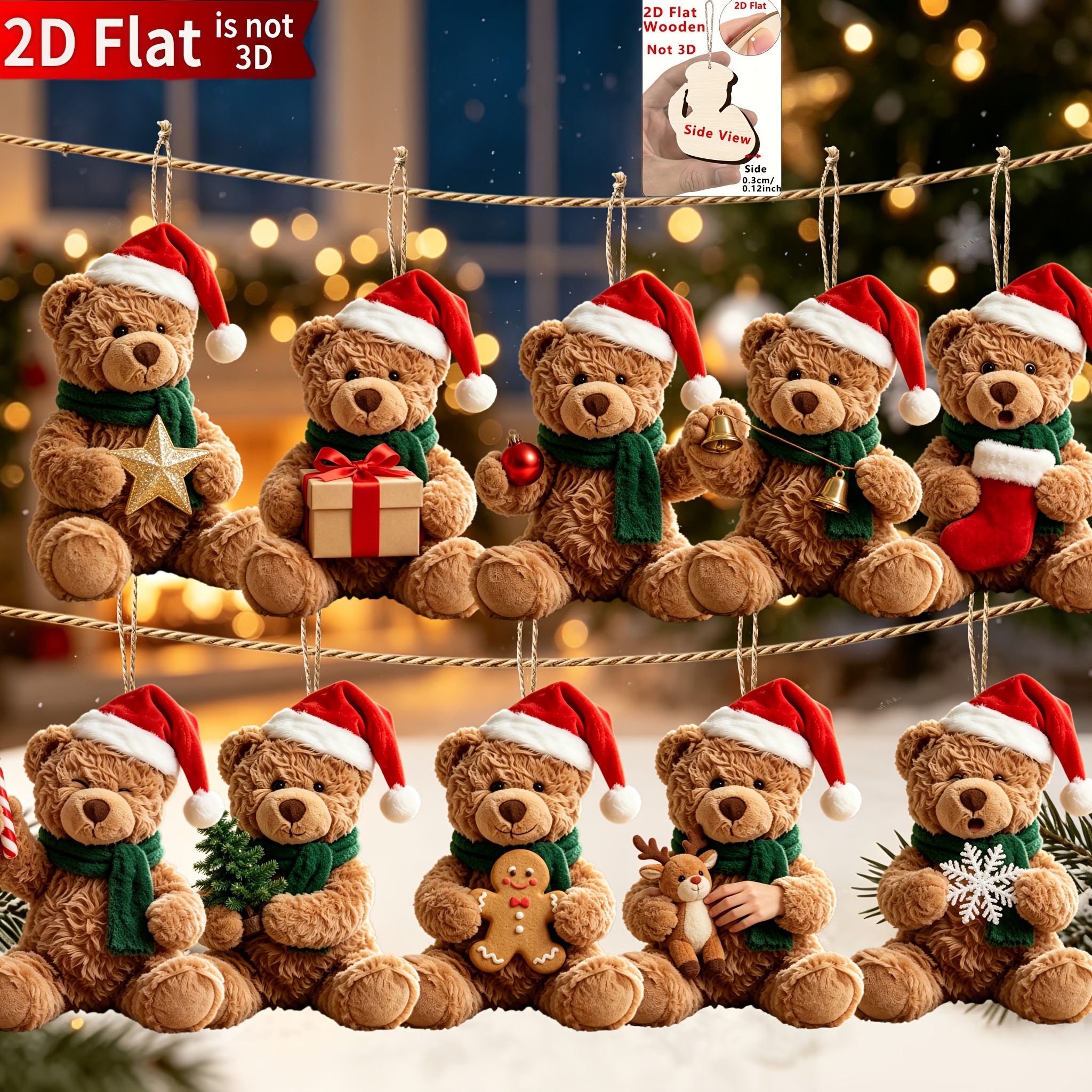 TEMU 2d Flat, 10pcs Teddy Bear Wooden Ornaments Set With Hangers, Christmas, Halloween, Thanksgiving, Essential Items, Seasonal Home Decor, , Durable