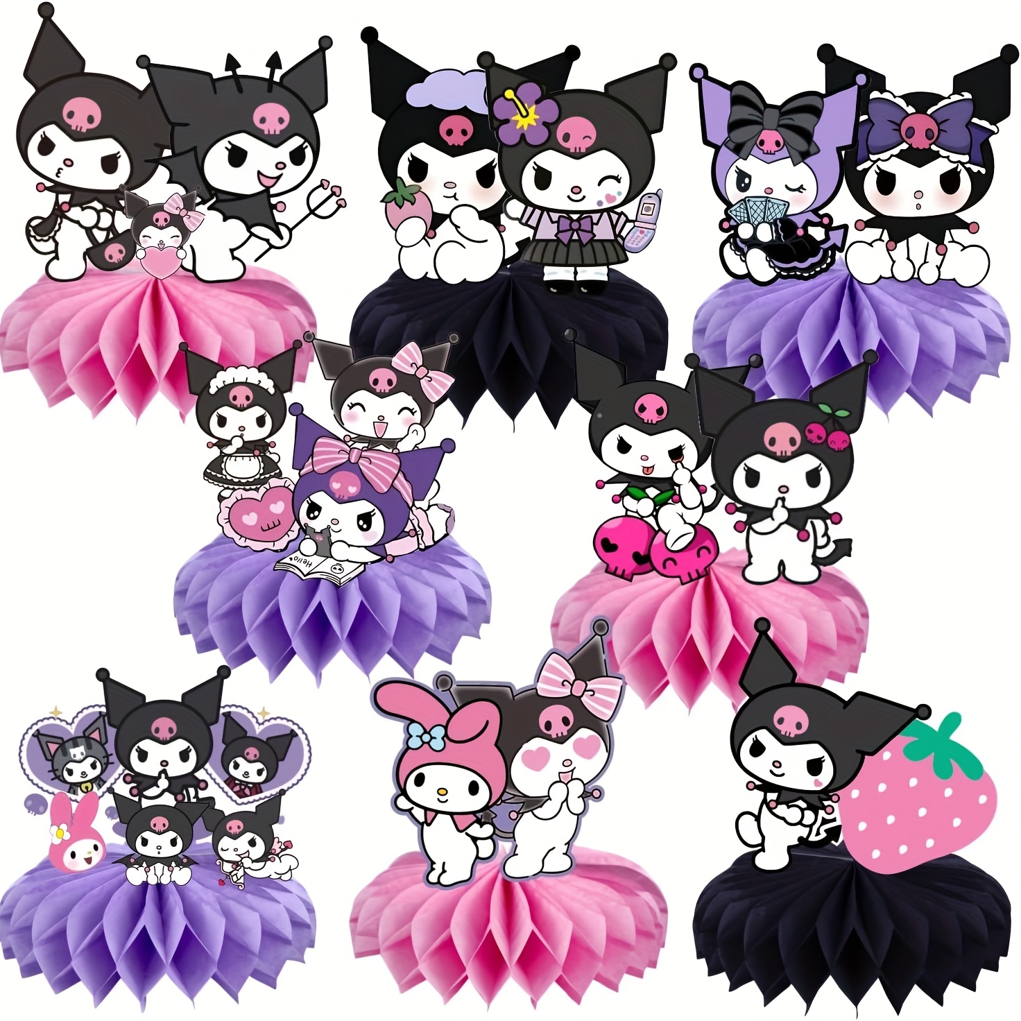 

8 Pack Sanrio Kuromi & For Hello Kitty Paper Honeycomb , Double-sided Print, Universal Holiday Party Decor, No Electricity Needed, Featherless Birthday Party Supplies