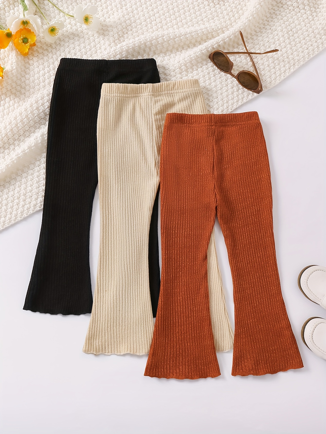 3 Pieces Toddler Girl's Pants Frill Trims Stretchy High Waist Ribbed Knit  Casual Bell Bottom Pants, Thin Pants For Spring/Summer