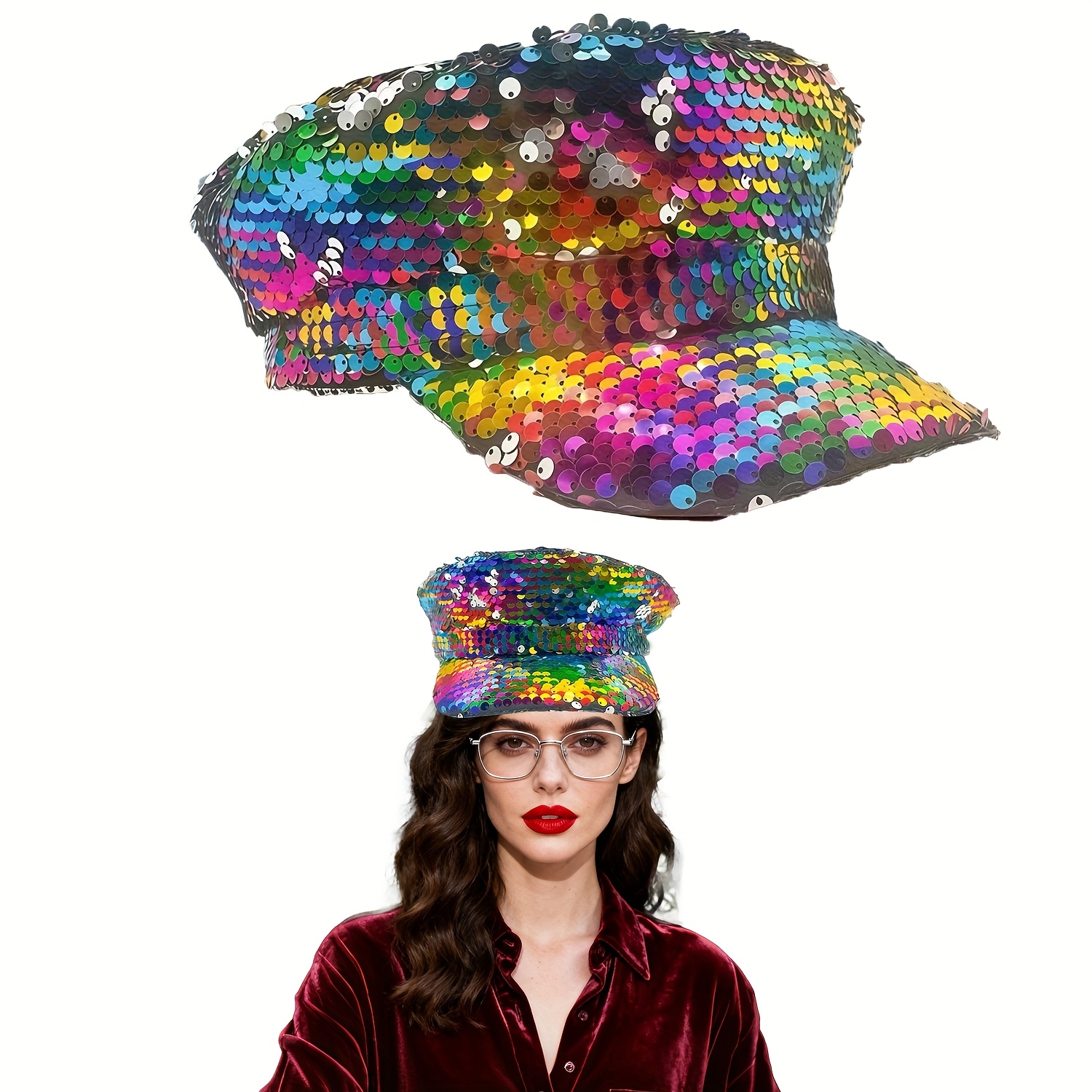 1pc A Hat Designed For Women, Featuring A Shiny Sequin Beret Style With Reflective Pattern. Ideal For Music Festivals, Parties, Dance Occasions, And Summer , This Headwear Is Perfect For Halloween