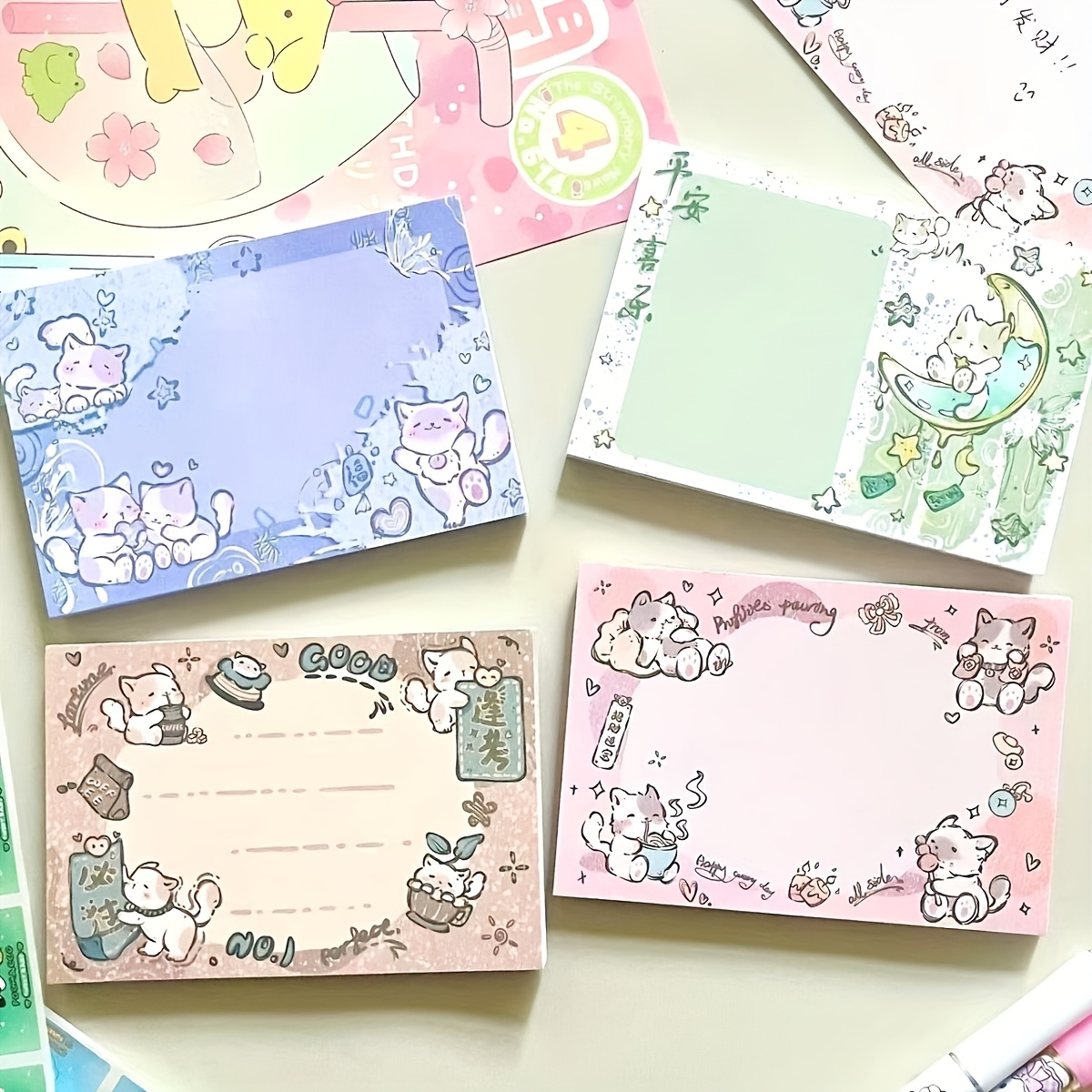 Pack Of 4 Cute Cat Themed Sticky Notes - Adorable Colorful Cat Designs With & Starry Themes, Rectangular Notes For School, Office, Home - Back-to-school, & Reminders