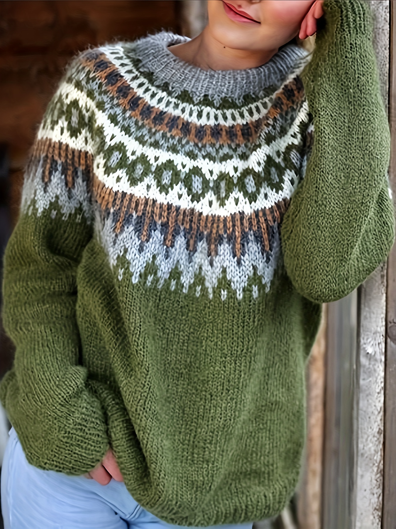 Suéter de cuello redondo con diseño geométrico, elegante jersey de manga larga para otoño e invierno, ropa de mujer.