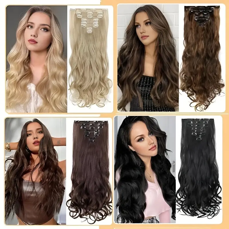 8pcs long clip-in hair extensions - waves, light to dark brown gradient, synthetic fiber hairpiece with clips for women - wedding, party, everyday volume & length - adds instant length & body details 1