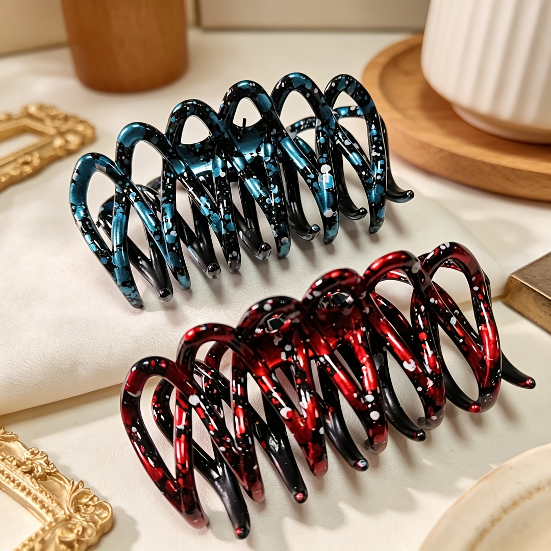2pcs Ink-splatter Grid Clips, Style With Built-in Atmosphere-enhancing Filter, Sequin Wave-patterned Gradient Texture, Hollow Large Back-of-head Shark Clip