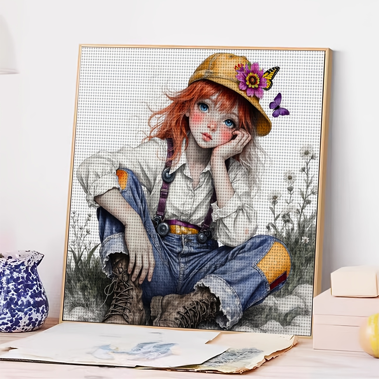 DIY Cross-Stitch Printed Kit, Red-Haired Child with Yellow Hat Pattern