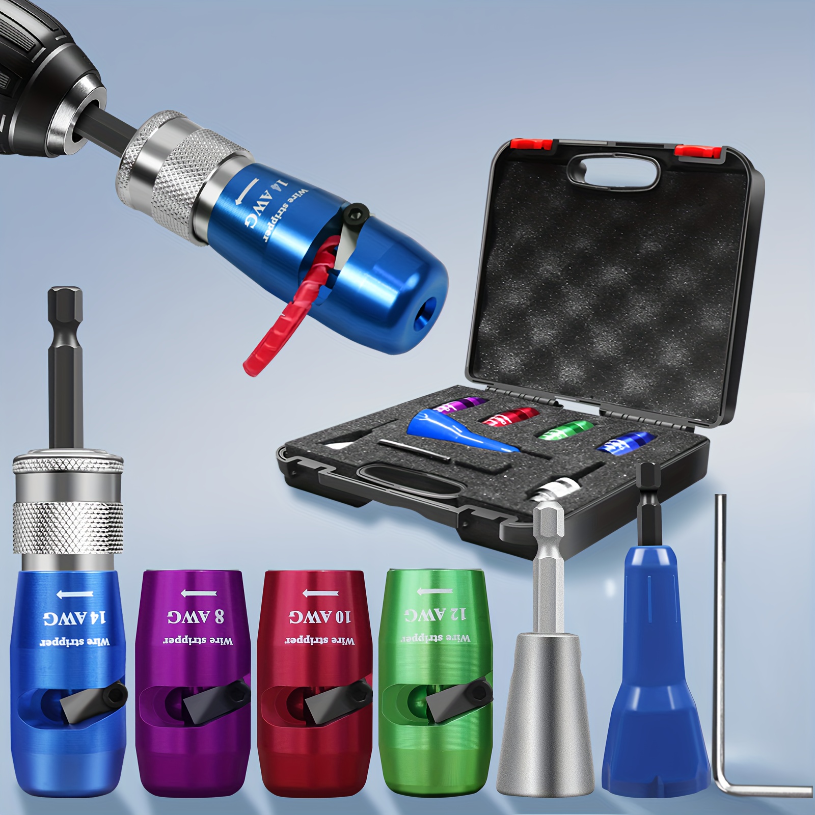 

Dmv Wire & Stripper Tool Set - 8/10/12/14 Awg Gauge, Quick Aluminum Wire Stripping, Portable Electrician's Drill Bit Attachment, Efficiency 20x, Battery-free, Includes Color- Insulation Sleeves