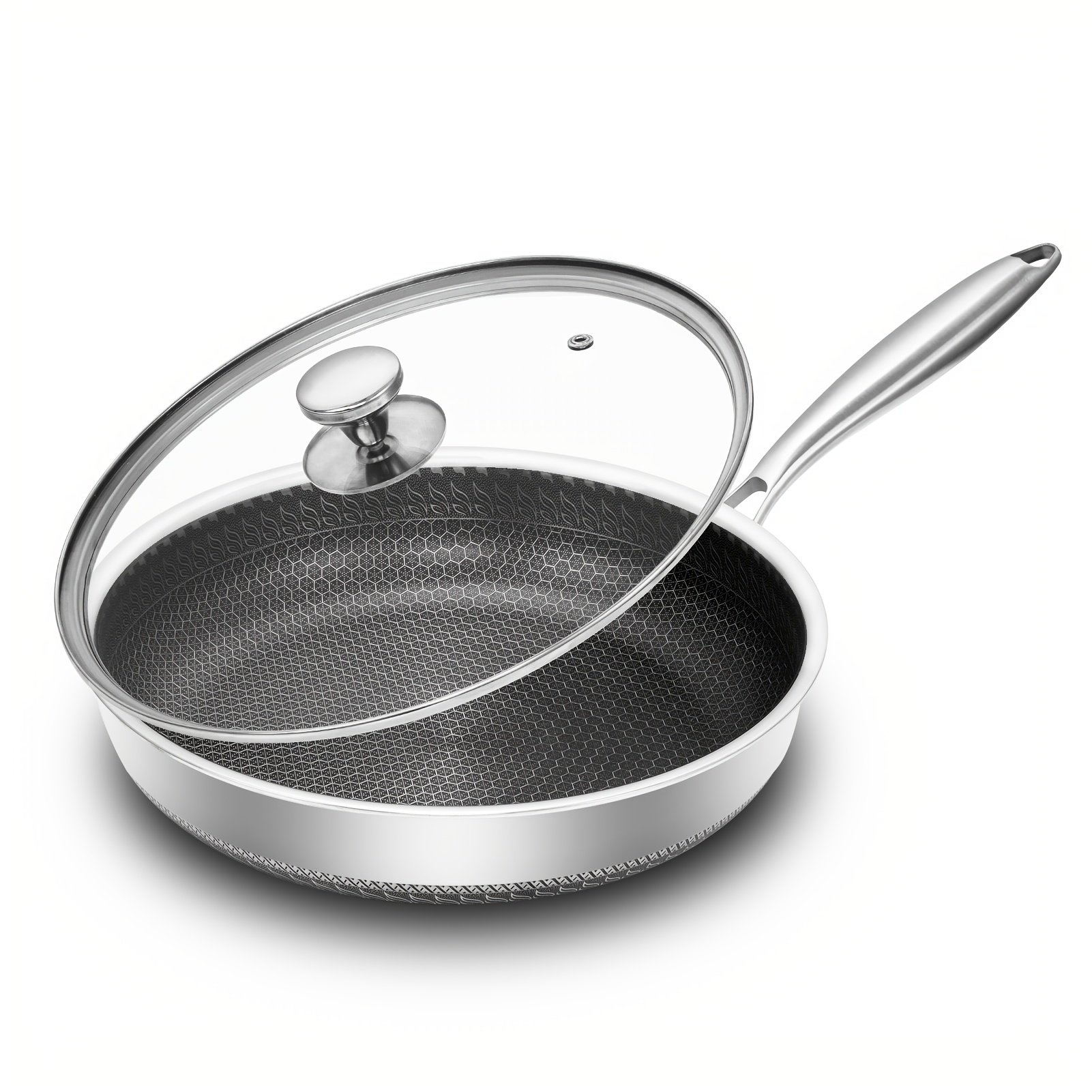 TEMU 11.8-inch 304 Stainless Steel Frying Pan With Lid, Stay-, Uncharged, Oven-safe, Versatile, And Durable - Includes 11.8-inch Fry Pan For