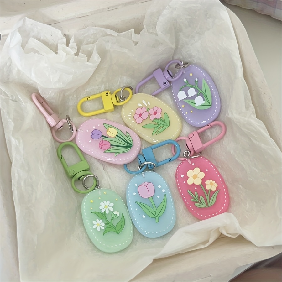 TEMU Set Of 6 Cute Oval Flower-shaped Resin Keychains, Fun And Versatile Floral Bag Charms, Perfect Gifts For Couples And