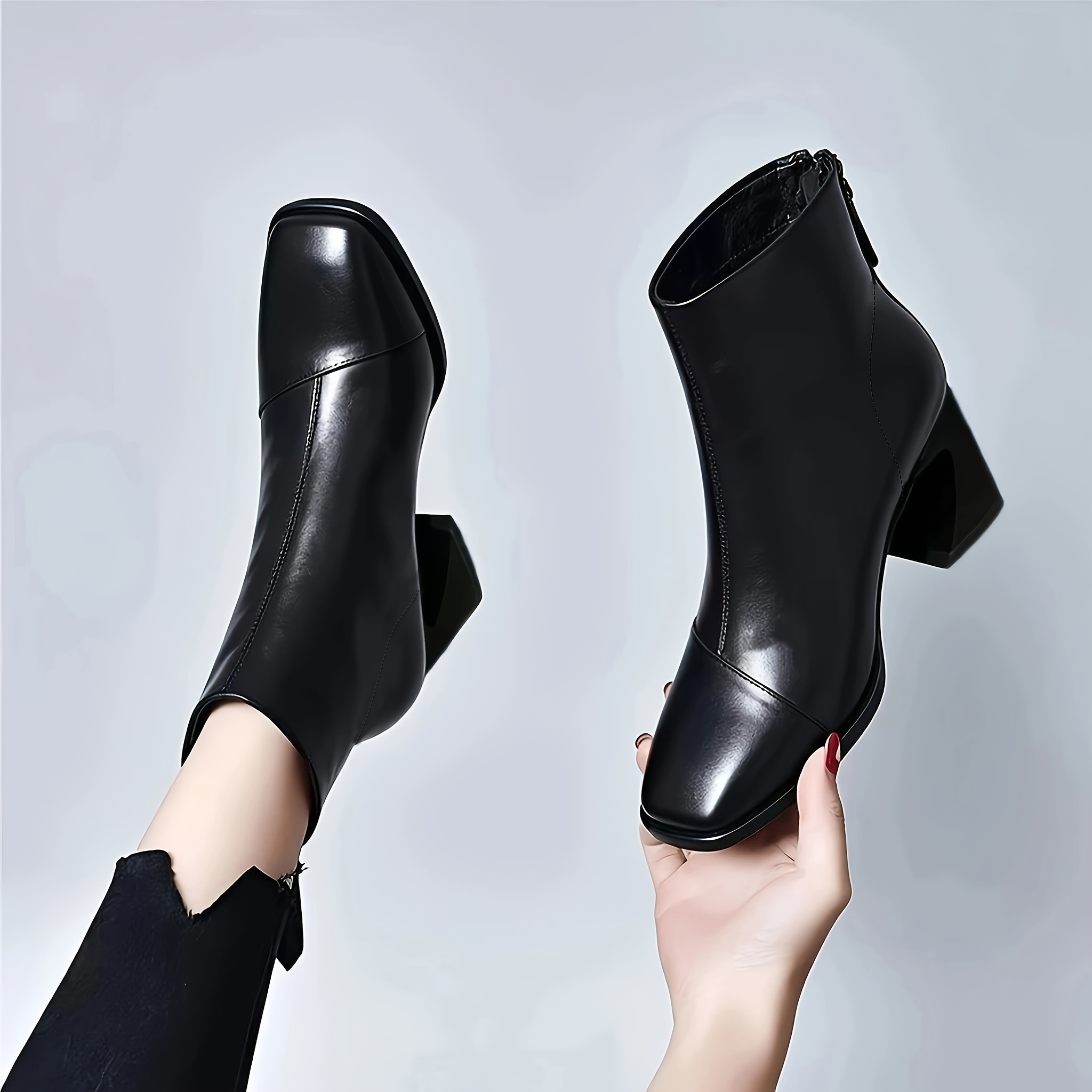 TEMU Square Toe Thick Sole Easy Versatile Fleece Short Boots, Fashionable Casual Commuter Comfortable Short Boots, Women Shoes