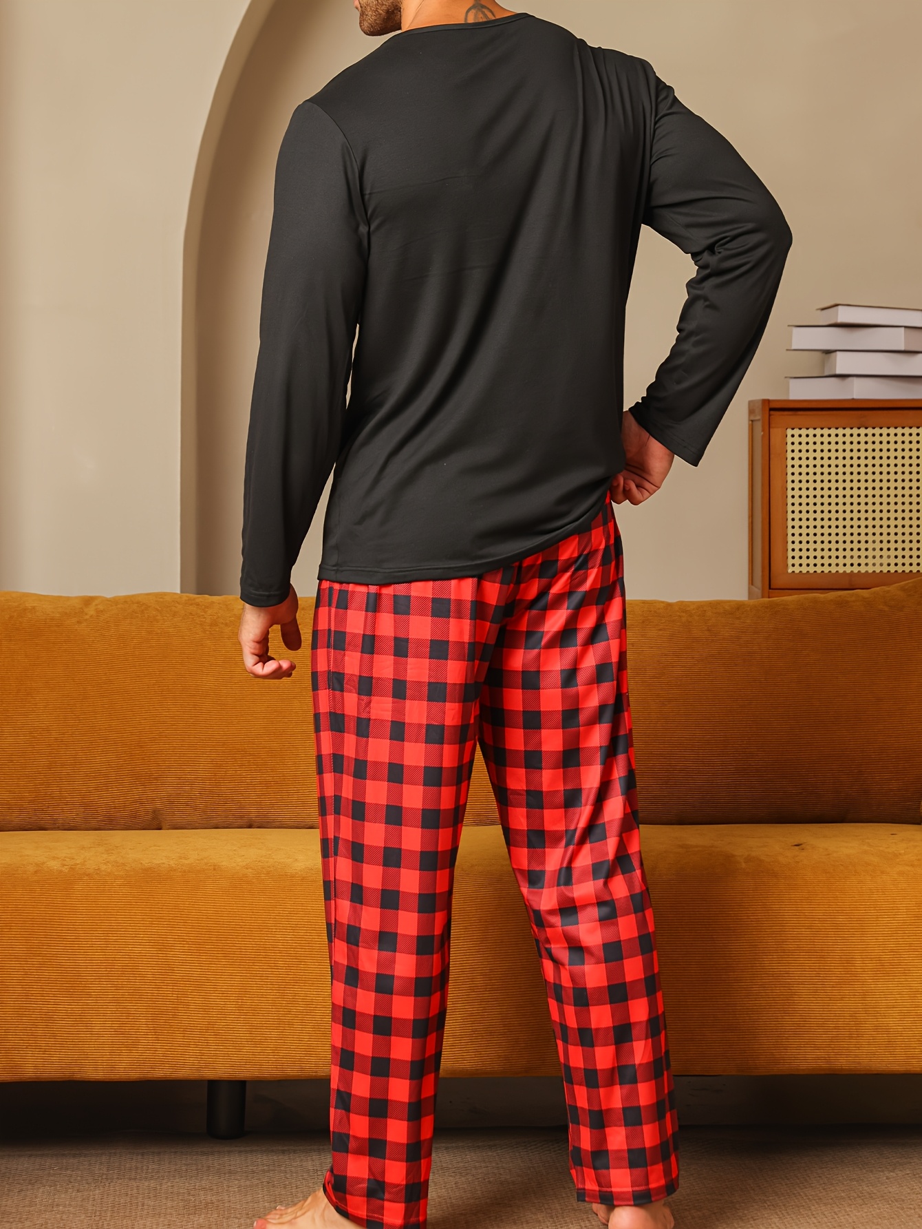 Marvmys Winterpyjama voor heren, van katoen, tweedelig, lange mouwen, ronde hals, lange broek met zakken, B-Zwart, L