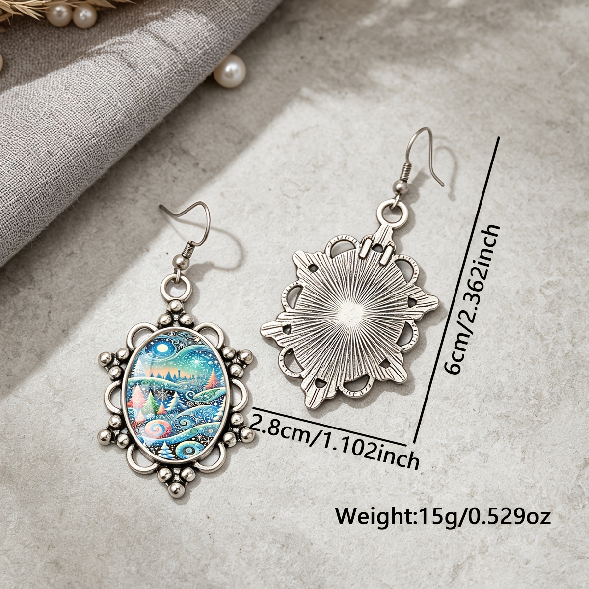 Men's Christmas Snow Scene Patterned Oval Earrings