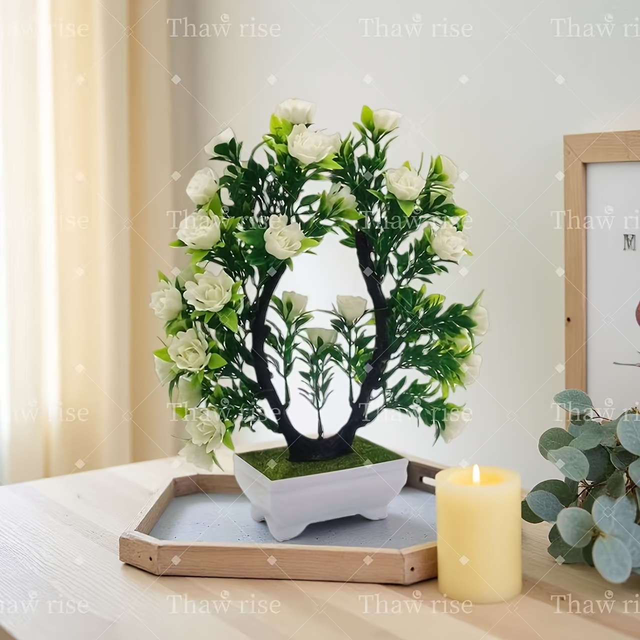 1 kunstbloem met pot - Witte en groene bladeren