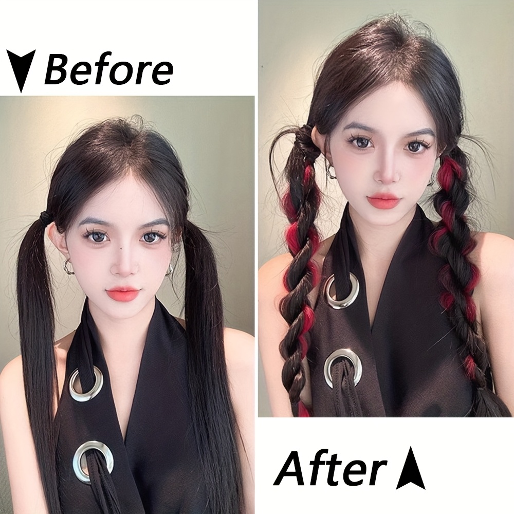 2pcs long wavy highlight color braided ponytail for women synthetic wigs with rubber bands curly ponytail extensions elastic hair band details 4