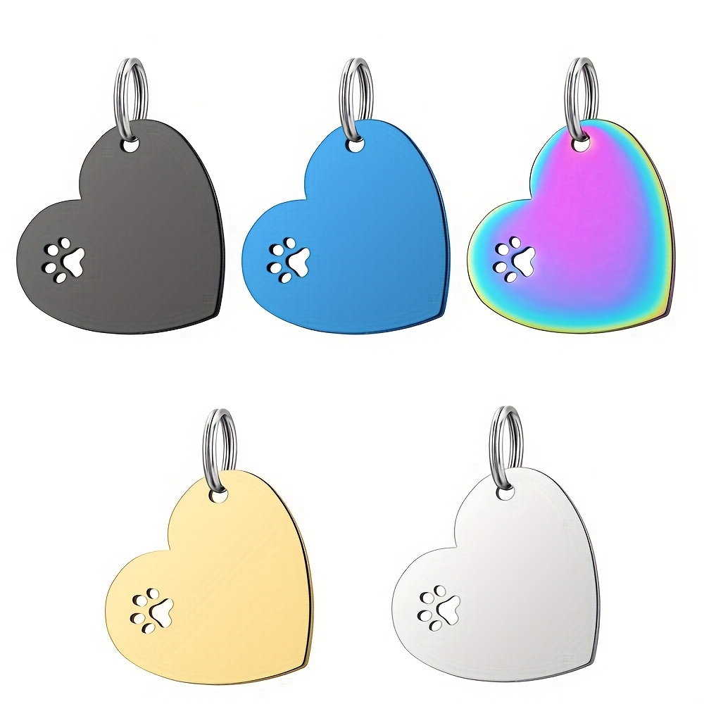 TEMU 2025 New Blank Heart-shaped Pet Id Tag, Diy Laser-engraved Name Tag For With Cute Paw Print Design, Stainless Steel, Pet Identification, Stylish