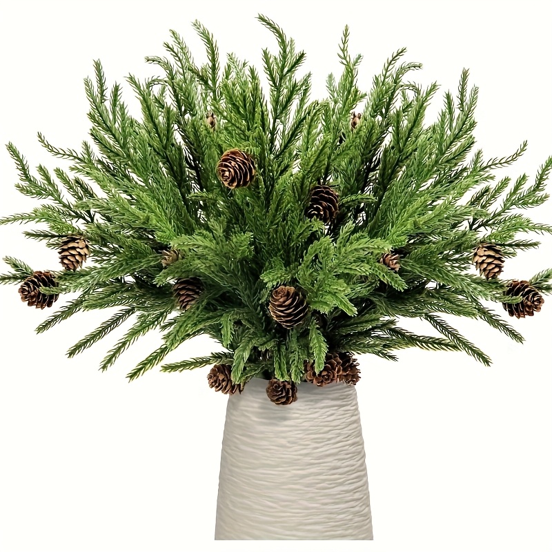 Image of 4pcs Christmas Norfolk Pine Branches With , 16in Artificial Stems Real Touch Foliage For Xmas Wreath Garland Vase Filler Home Decor