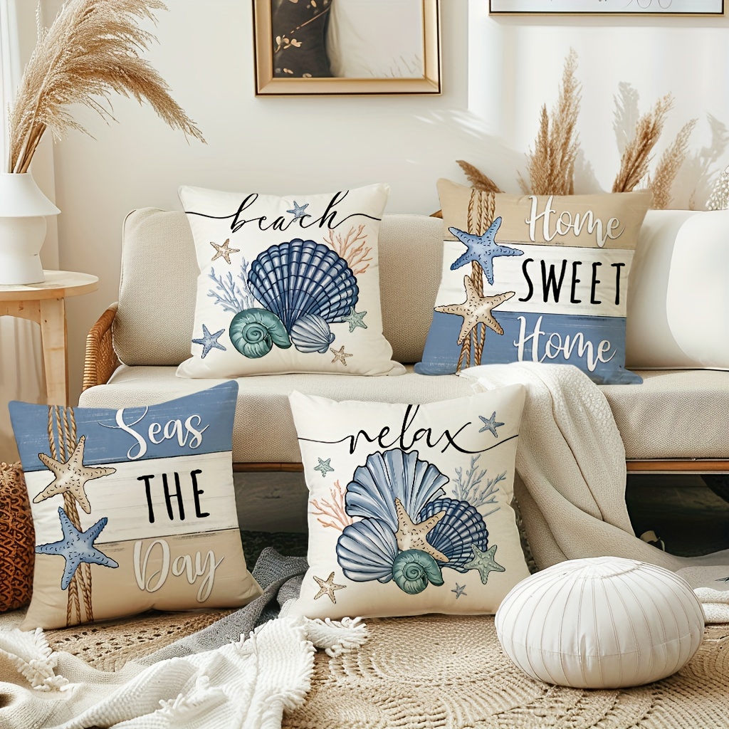 

Set Of 4, Ocean Starfish Throw Pillow Covers, 18*18inch Shell Decorations Cushion Cases, Farmhouse Blue Decor Pillowcases For Porch Patio Couch Sofa Living Room Outdoor, Without Pillow Inserts