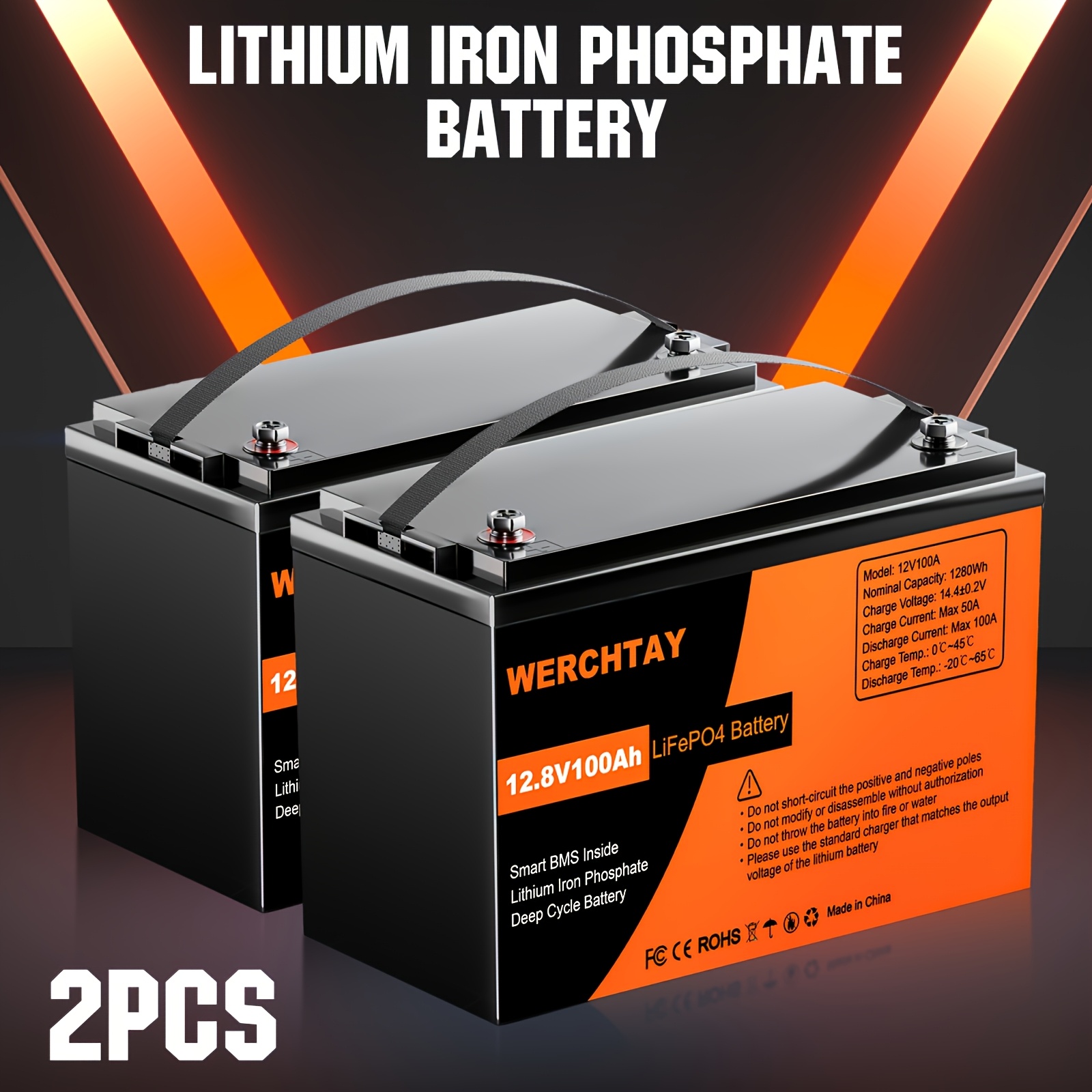 TEMU 2 Pack 100ah Lifepo4 Batteries, High Energy Density, 1280wh, Portable Lithium Iron Phosphate Batteries, Suitable For Motorcycle, Boats, Solar