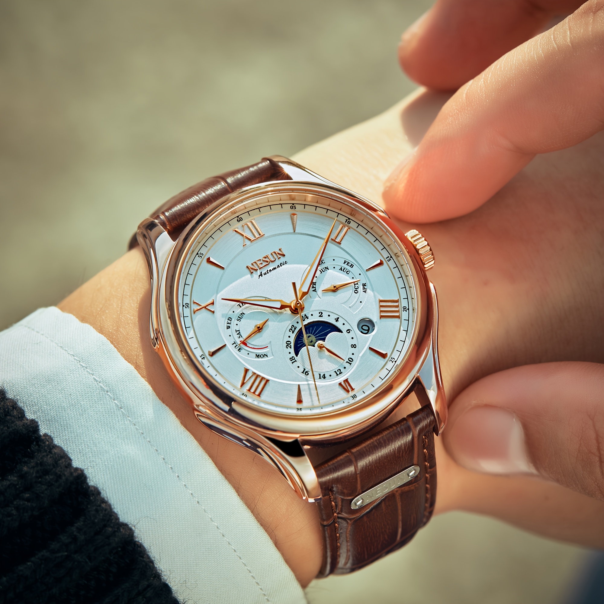 Men's Multifunctional Stainless Steel Mechanical Watch with Leather Strap