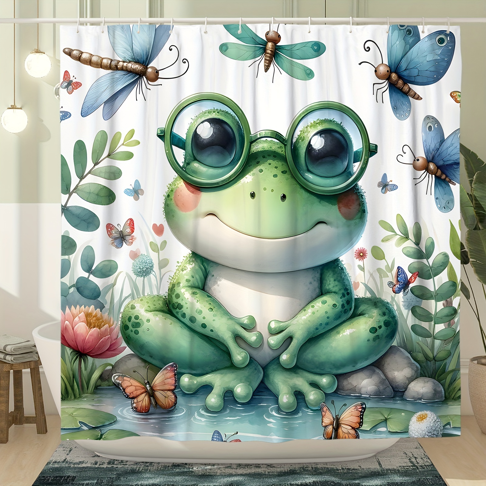 

1pc Cute Frog & Dragonfly Print Shower Curtain, Polyester, Waterproof Bathroom Decor With 12 Hooks, Machine Washable, Blue And Green Garden Theme For Bath Or Tub