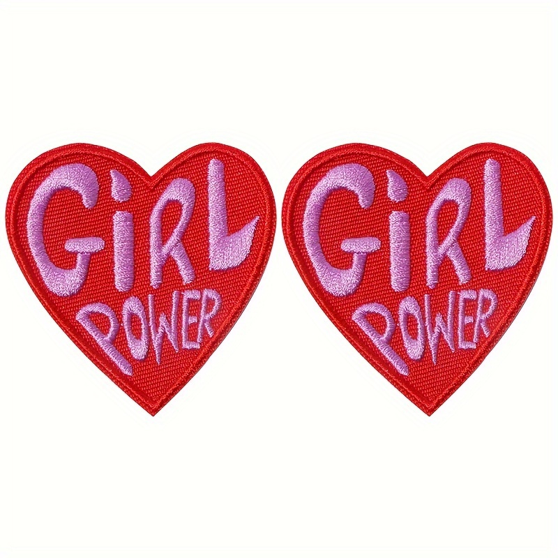 Image of Girl Power Heart Patches: Vintage Style Lettering On Red Background - Perfect For Women's Accessories And Clothing