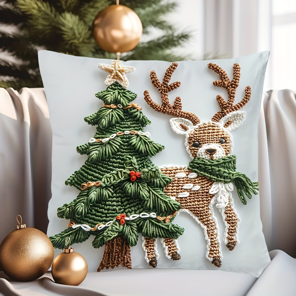 

Reindeer & Christmas Tree Pillow Cover, 17.7" X 17.7" - Digital Printed, Zipper Closure, Polyester, Ideal For Sofa, Living Room, Bedroom Decor (no Insert), Christmas Pillow Covers,