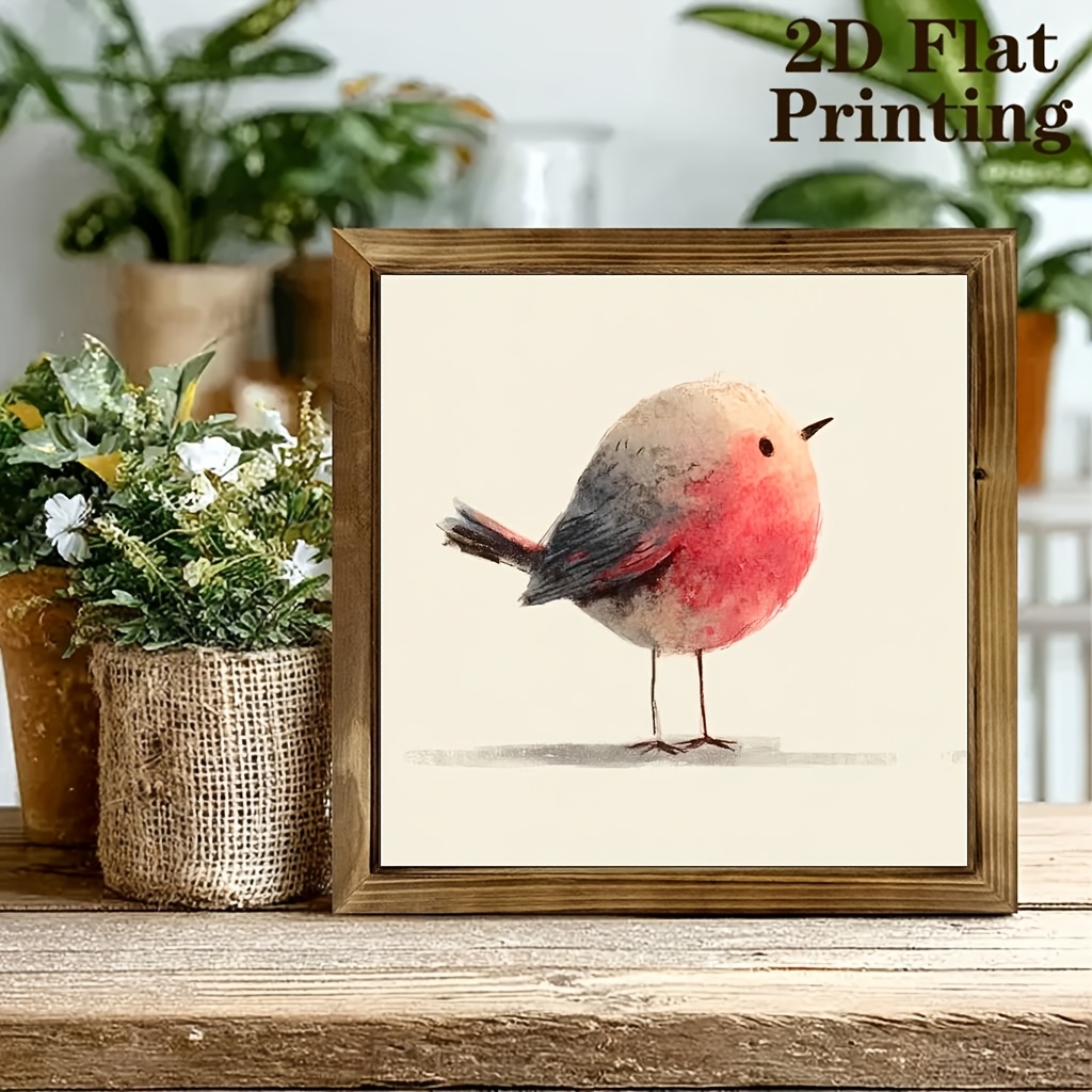 TEMU 2d Flat, 1pc Of Country Farmhouse Style Watercolor Bird Art Print, With Vintage Wooden Frame Wall Decor - Rustic Style, Farmhouse Vintage