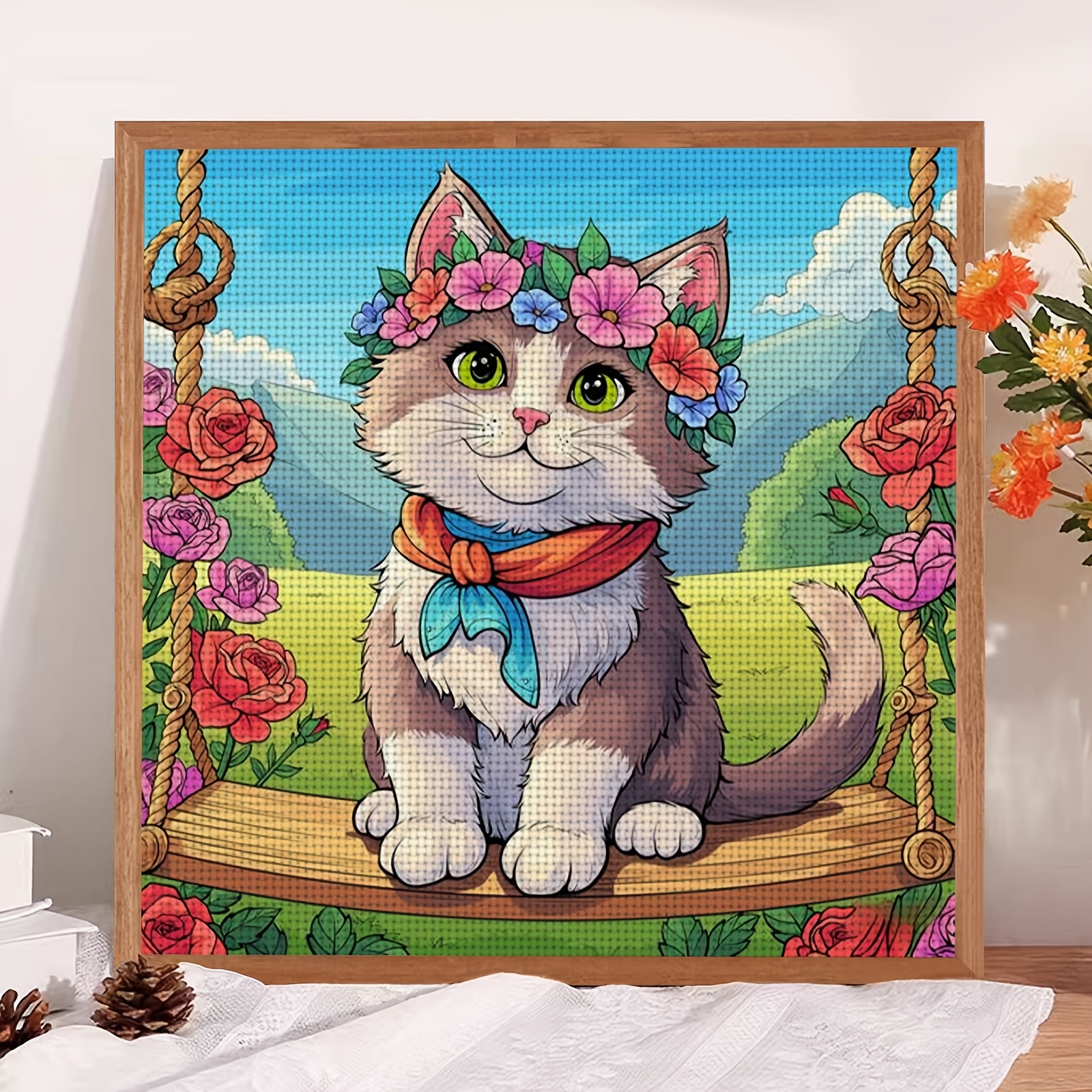 Cross-Stitch Kit, Kittens on a Swing with Flower Wreath