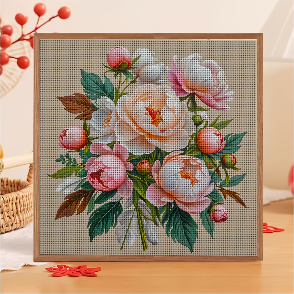 DIY Cross-Stitch Printed Kit, Peony Floral Bouquet Pattern