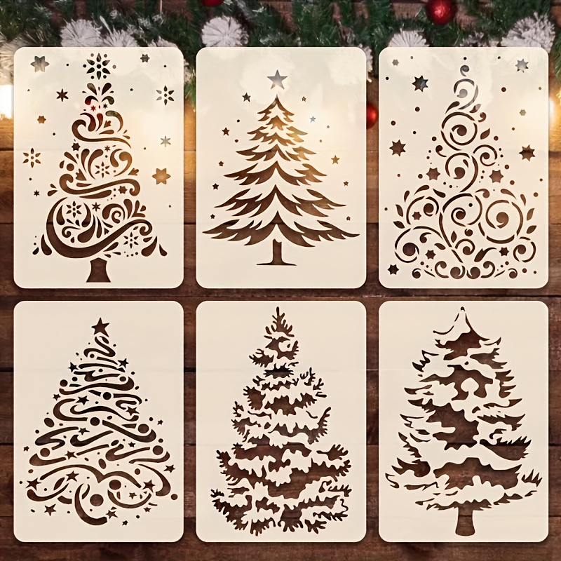 Image of Kzz 6 Sets Of Christmas Tree Template Kits - Reusable Diy Crafting Templates, Suitable For Holiday Decorations, Wall Art, Cards - Christmas Patterns, Snowflake Designs, Festive Paintings