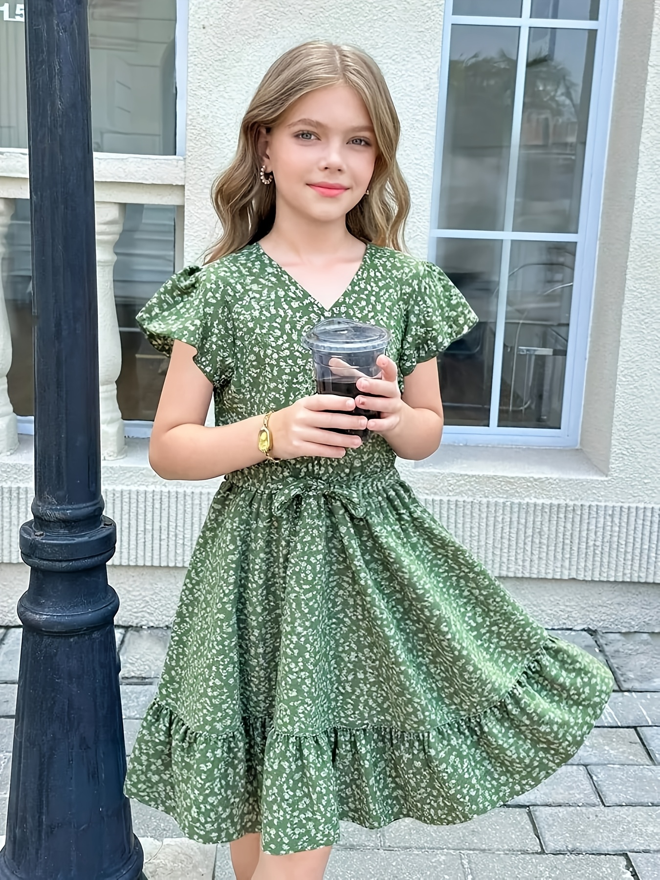 tie neck flounce sleeve asymmetrical hem belted dress