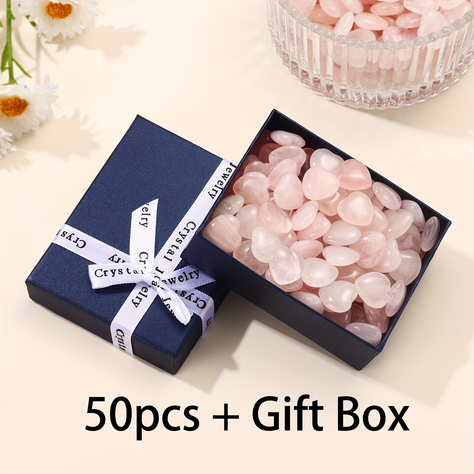 TEMU 50pcs Heart-shape Polished Rose Quartz Tumbled Stones With A Box For And Desktop Decoration