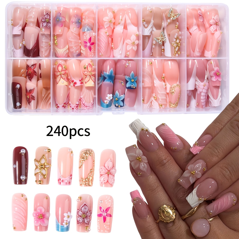 TEMU 240pcs Faux Ongles Cercueil à Coller, Pack de 10 Styles, Ensemble d'Ongles Faux Dégradé , Fleur 3D à , Ligne Métallique Dorée, Décor de Texture