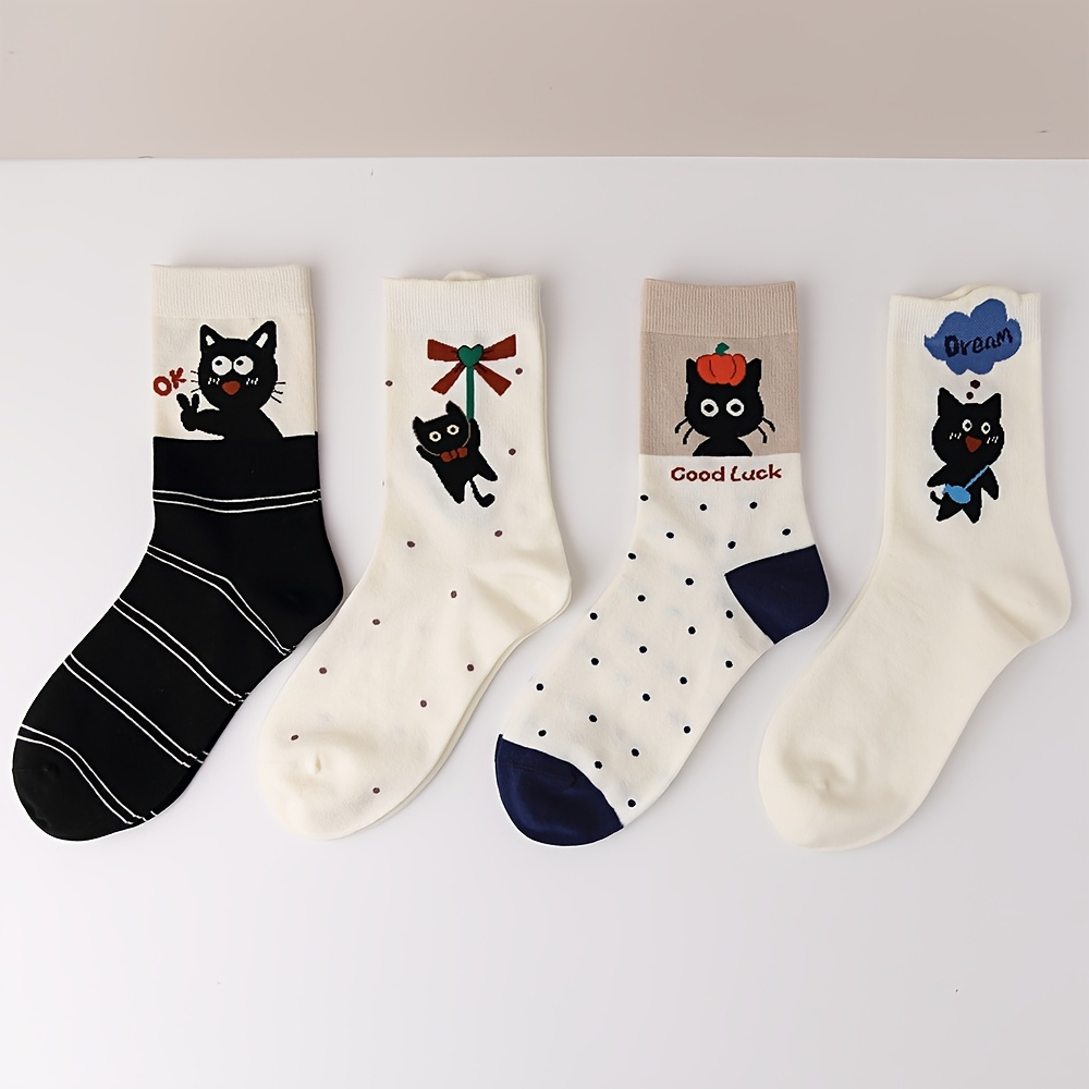 

4 Pairs Whimsycat Women's Knee-length Socks, Pattern, Polyester , Breathable & Comfortable, Hand Washable, Knit Fabric, Casual ,