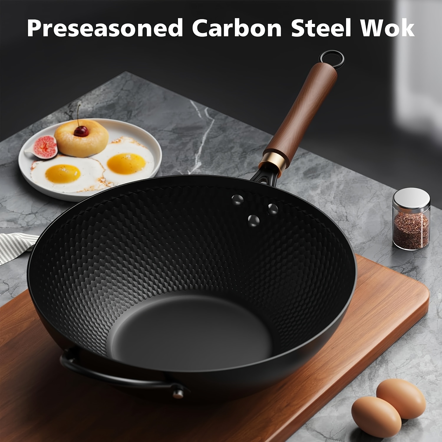 TEMU 1 Set Cast Iron Wok With Lid- 13.35-inch Nonstick Frying Pan, Flat Bottom Carbon Steel Cookware Induction Nonstick Wok, Woks & Stir-fry Pans For Induction, Electric, Gas, Halogen, All Stoves
