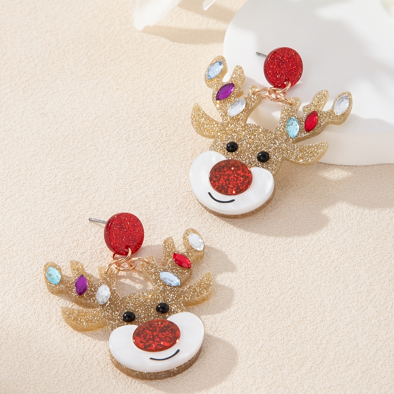 

Acrylic Reindeer Head Dangle Earrings With Sparkling Rhinestones - Cute Style, Casual Attire & Gifting