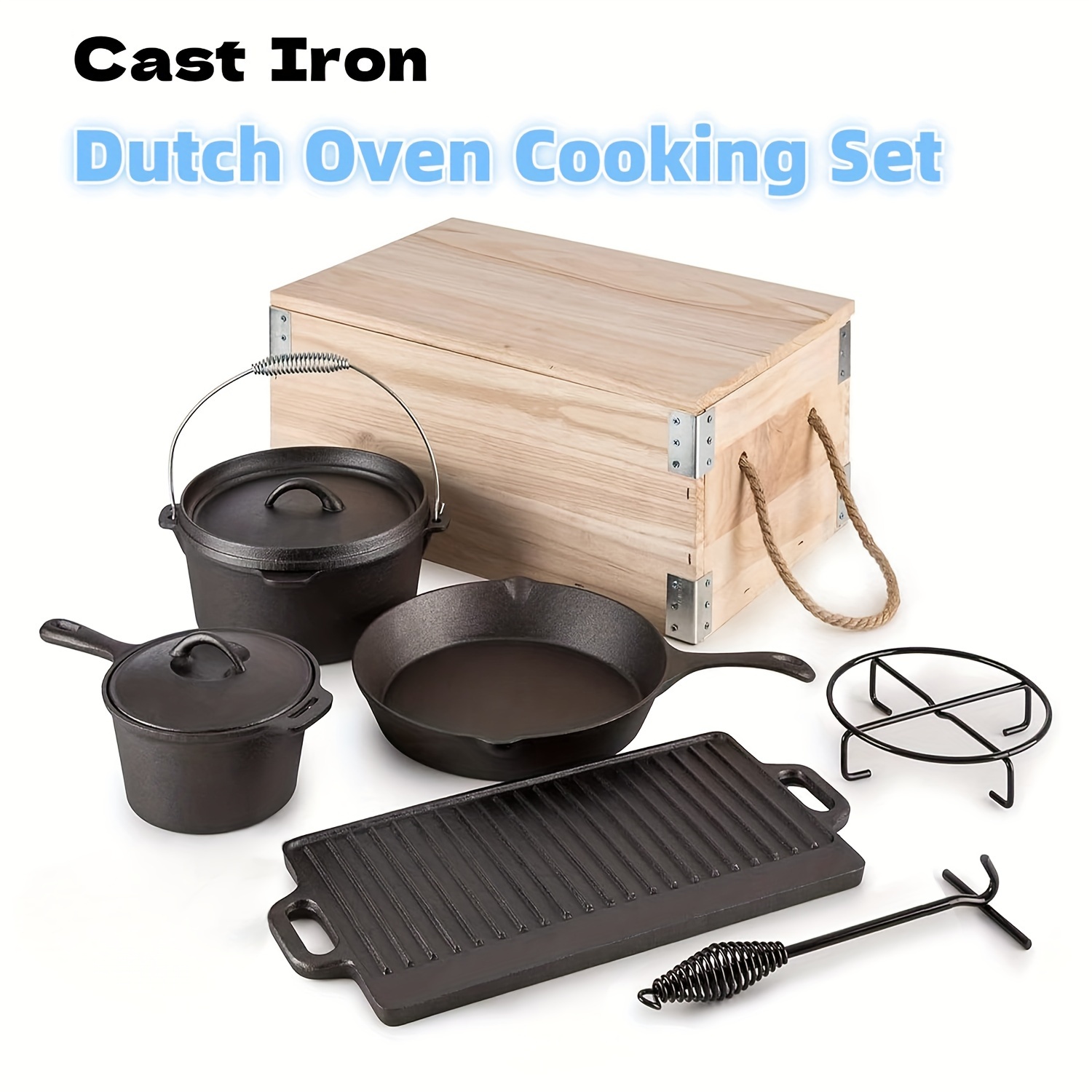 

3/7pcs Ensemble de four en fonte hollandais avec boîte de transport en bois vintage, ustensiles de cuisine en fonte pour camping, poêles et poêle grill carrée pour BBQ et pâtisserie à domicile en