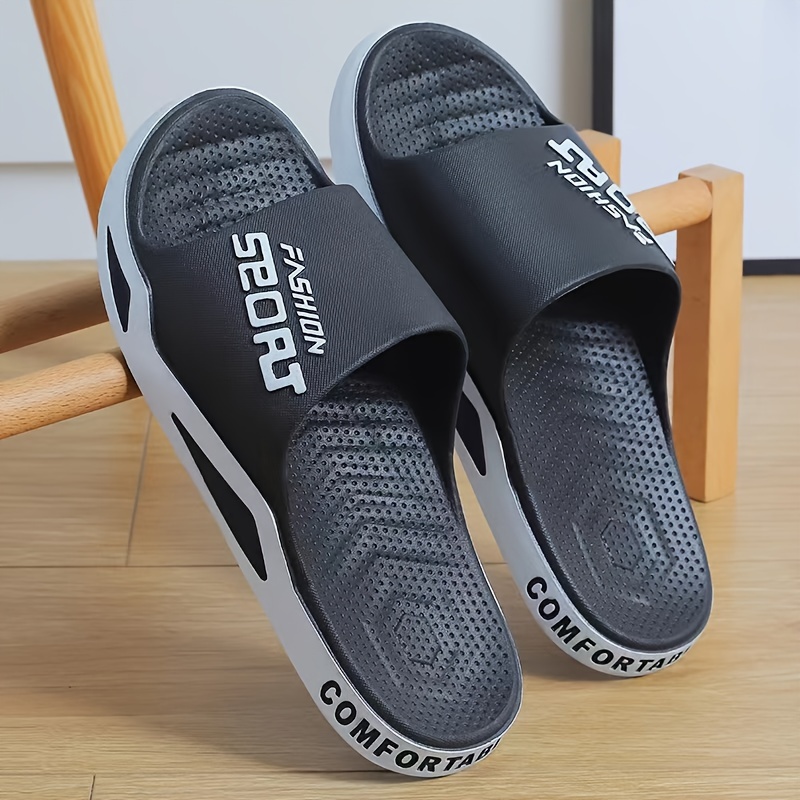 

Men's Alphabet Print Fashion Slides, Casual Non Slip Slippers, Open Toe Shoes For Indoor Outdoor Beach Shower, Spring And Summer