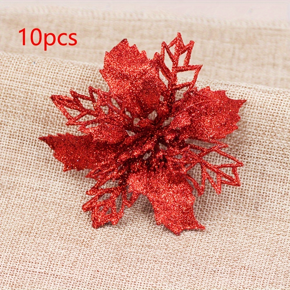 TEMU 10pcs 9cm Artificial Christmas Flowers Glitter Xmas Tree Flowers Christmas Tree Ornaments For New Year Xmas Tree Wedding Decor, Halloween Decor