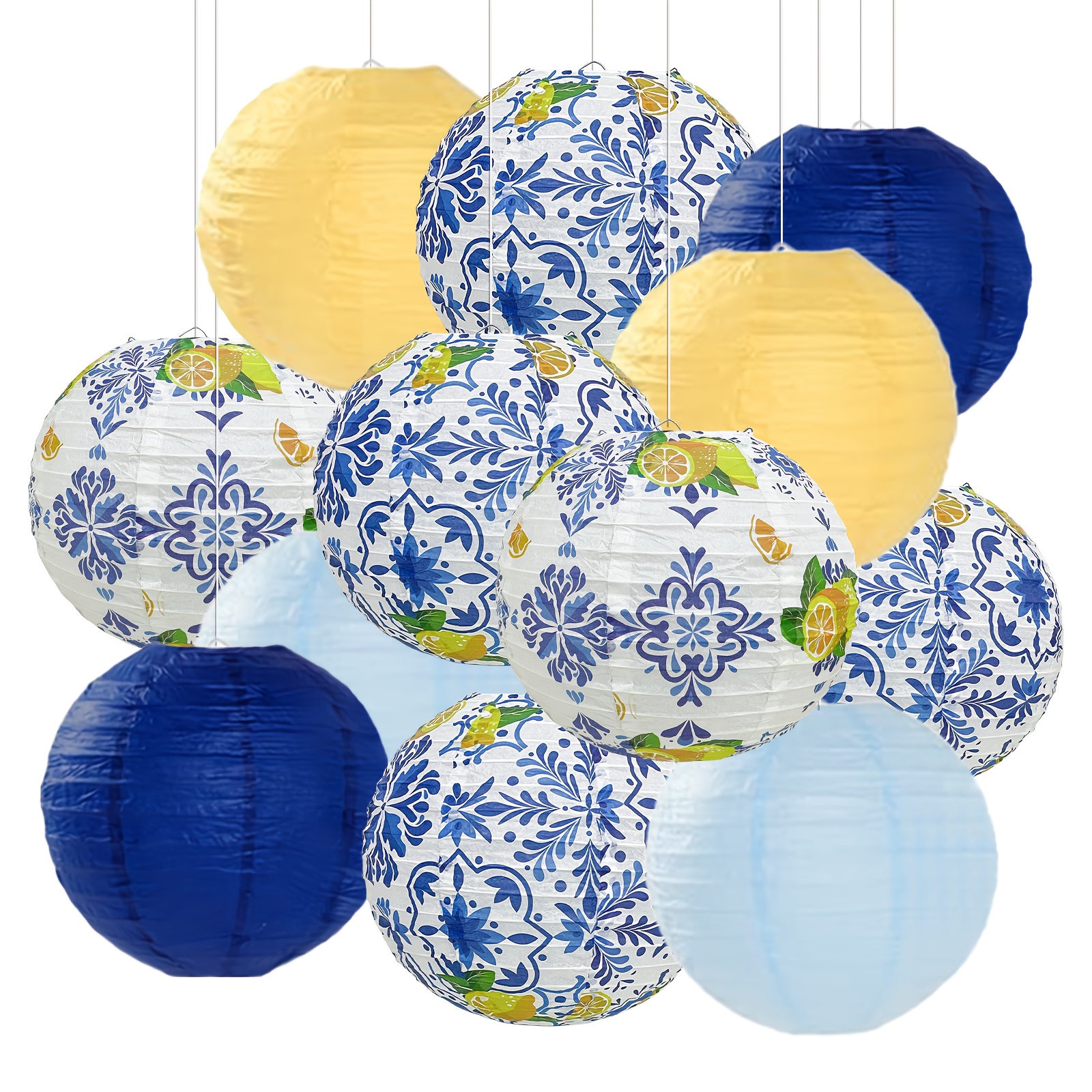 12pcs 10-inch Lemon Theme Paper Lanterns, Blue And White Porcelain Themed
