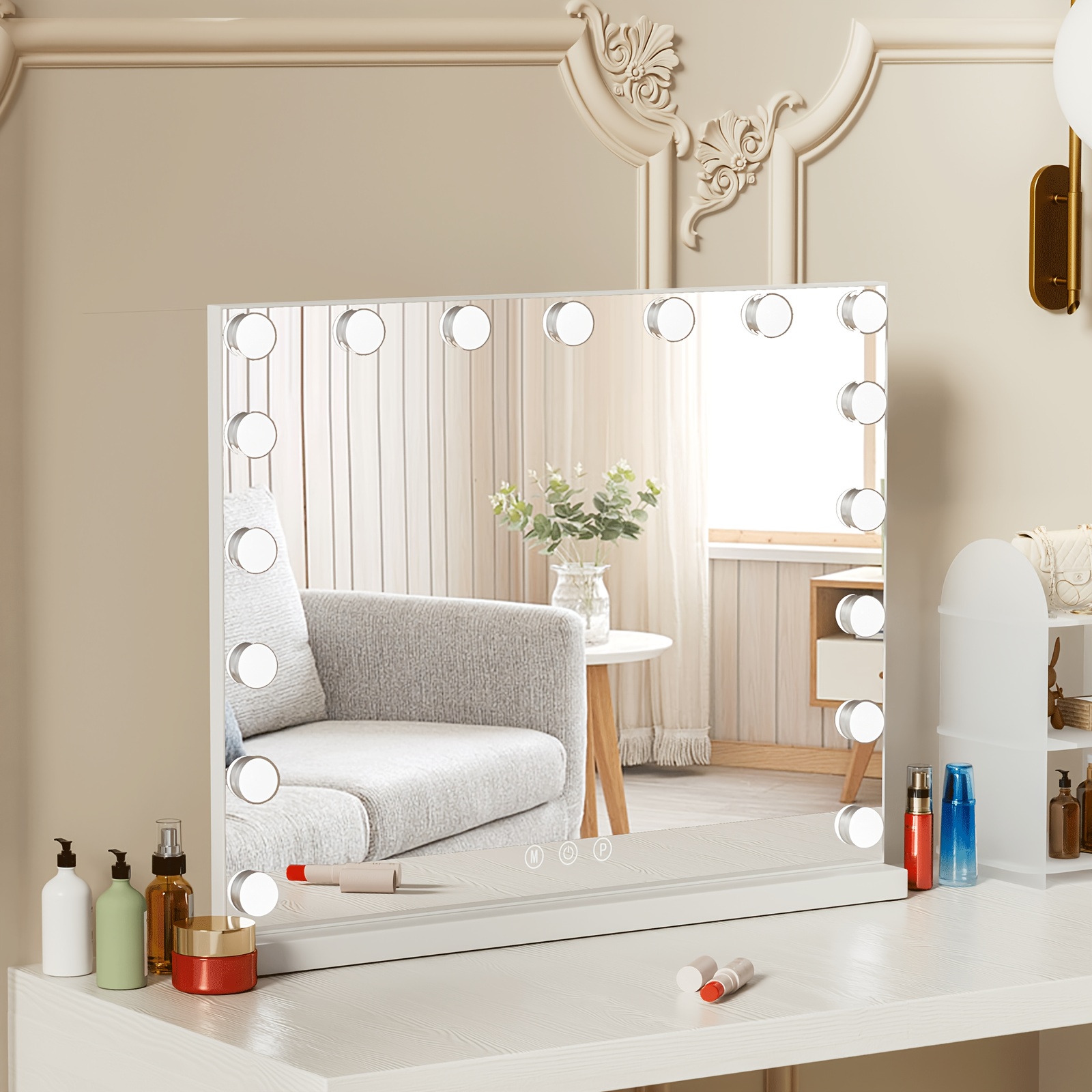 Oversized -style Mirror Featuring Adjustable Led Lighting, Measuring 70cm By 55cm