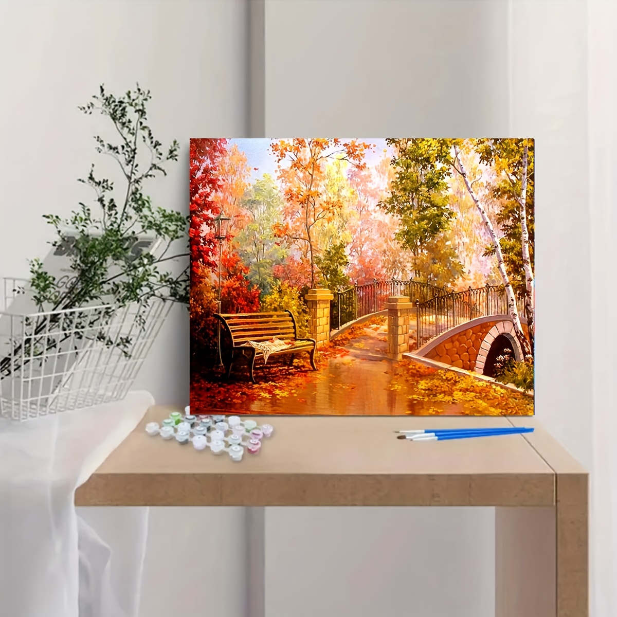 

Kit de peinture par numéros pour adultes avec scène de banc de parc d'automne et petit pont, pour soulager le stress et décorer la maison, sur toile