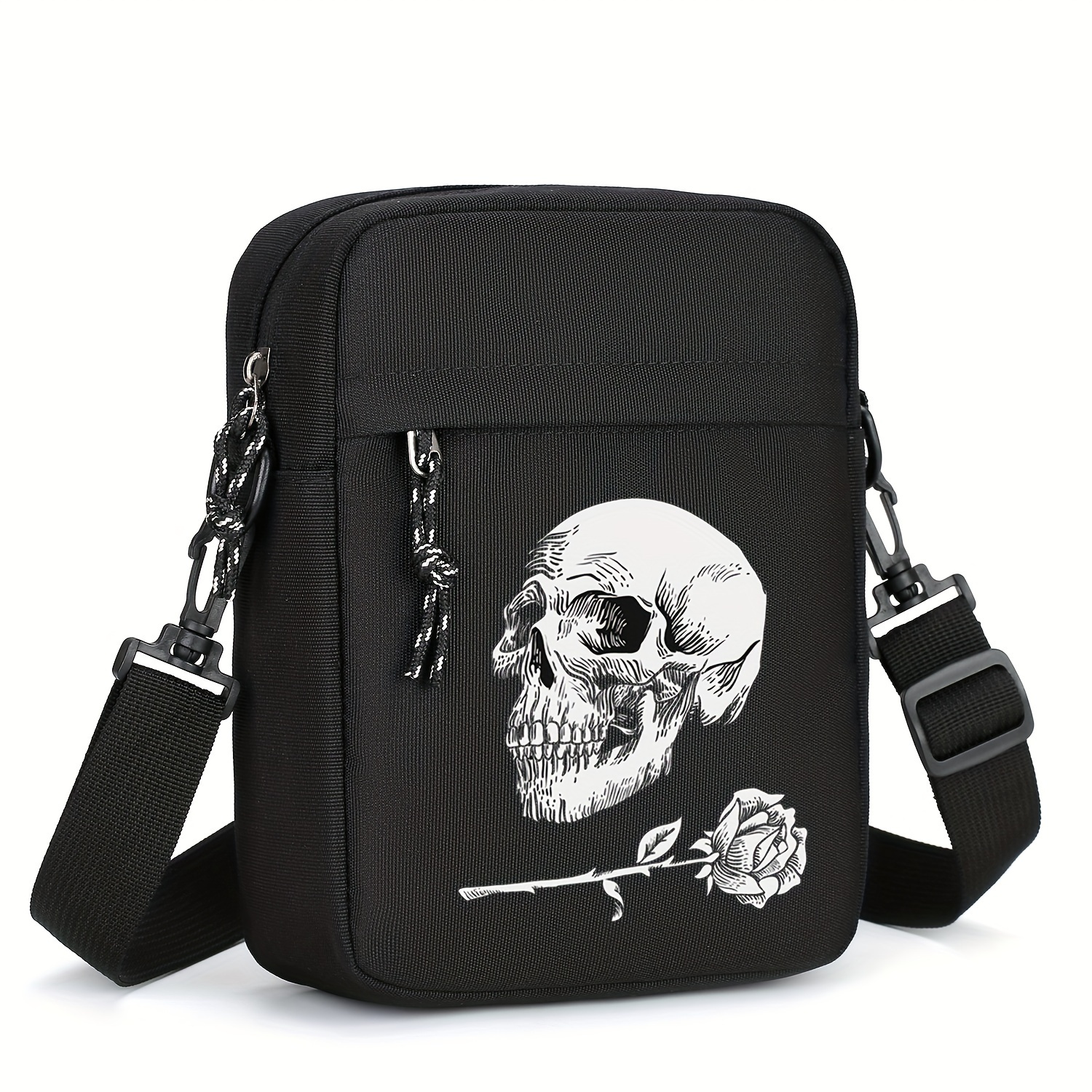 

Fashionable Black Oxford Cloth Shoulder Bag With Adjustable Strap, Large Capacity Casual Crossbody Phone Bag For Men, Unisex Lightweight Daily Bag With Skull And Rose Print, Non-washable